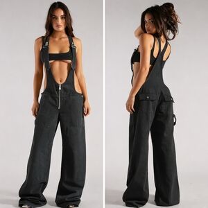 Revice The Plunge Demin Wide Leg Overalls Jumpsuit Vintage Black Size 26